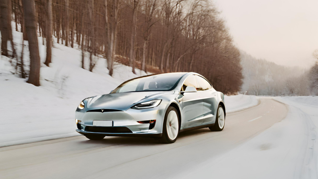 en silverfärgad elbil kör på en plogad väg i ett vinterlandskap